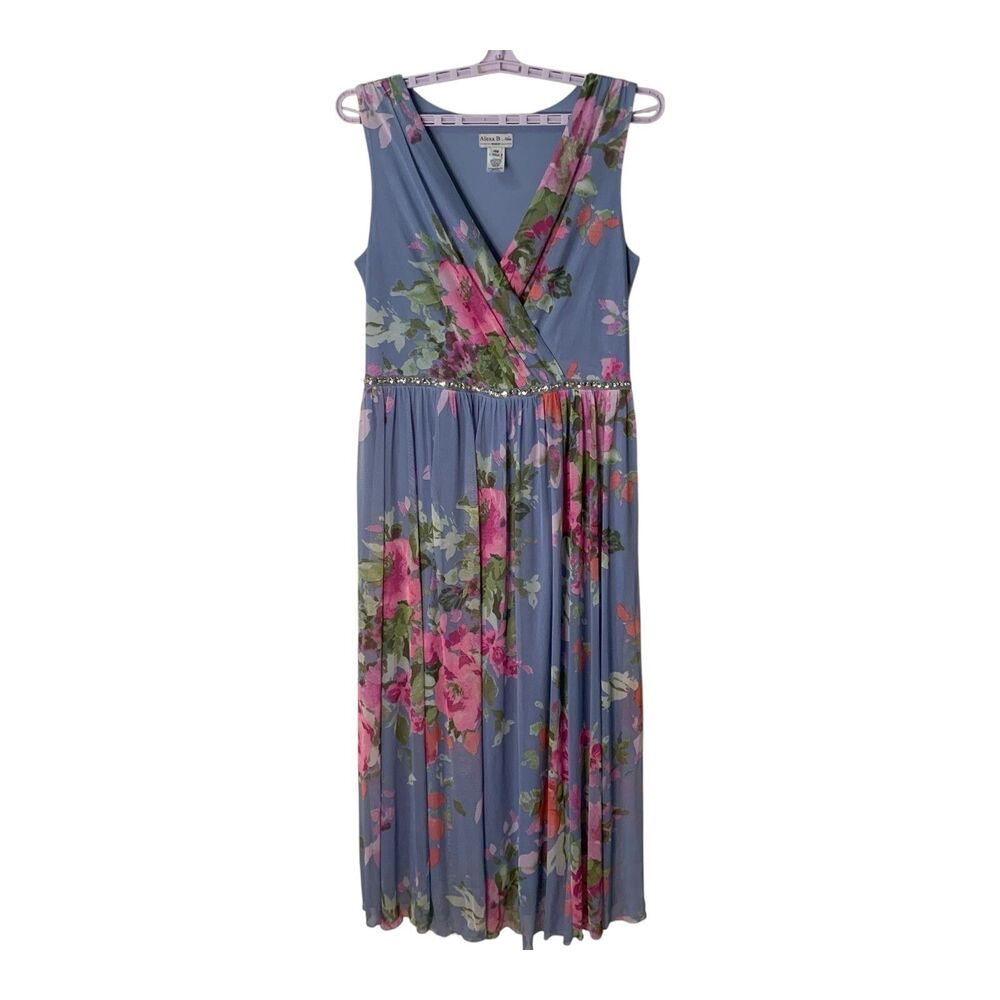Alexa B. Nites Women’s Maxi Dress 14 W Blue Floral Rhinestone Waist Sleeveless